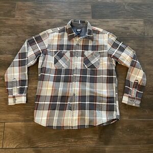 Lands End Plaid Flannel Shirt Shacket Button Men's‎ Large Gray Red Brown Hipster